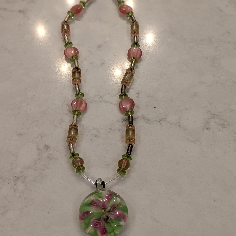 Pink and Green Beaded Necklace Murano Glass with Floral Gemstone Pendant